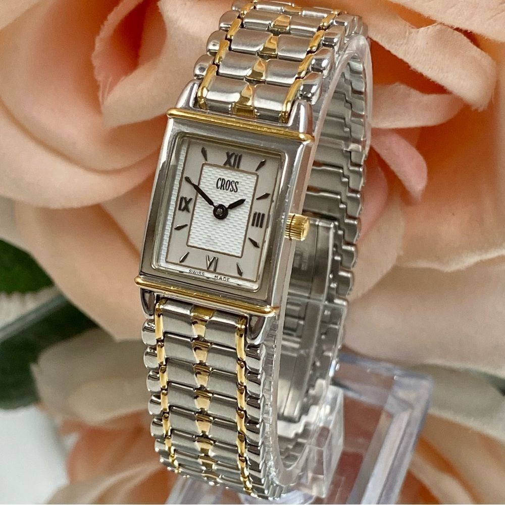 Cross Swiss Made Tank Style Two-Tone Stainless Steel Dress Watch Roman Numerals - Picture 4 of 13
